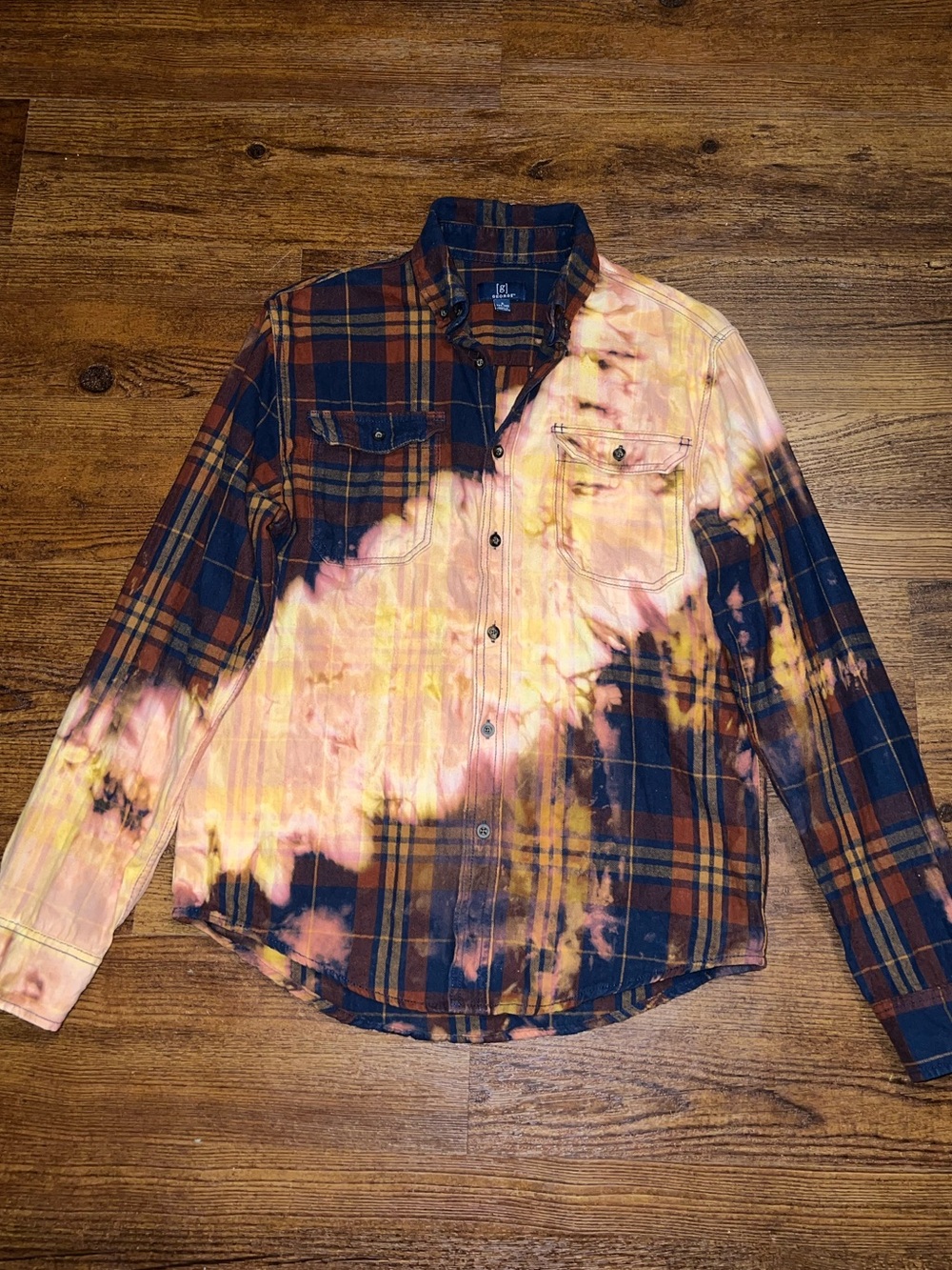 Flannel Bleach Tie Dye Navy Brown Plaid Button Up Boho Distressed Grunge Size S